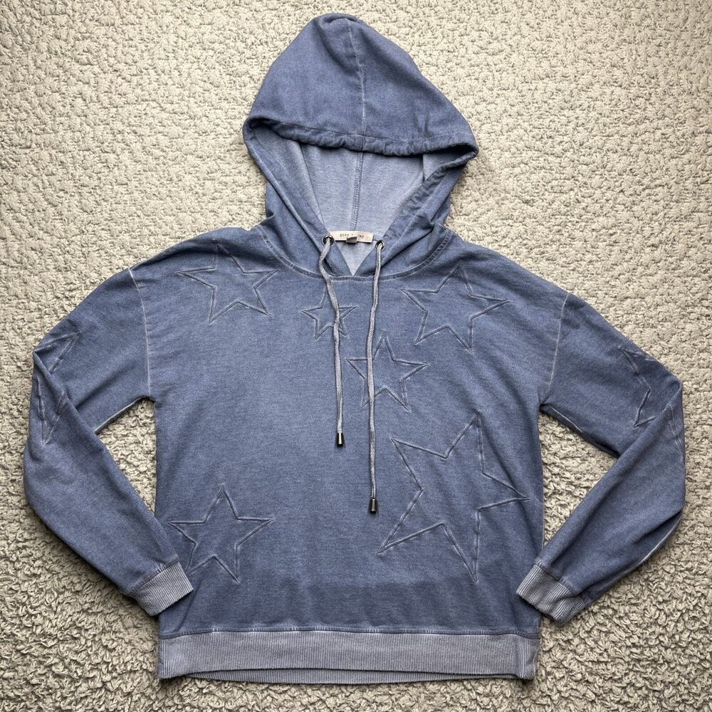 Grey and Gray Lightweight Hoodie Womens Small Blue Star Puff Print Long Sleeve